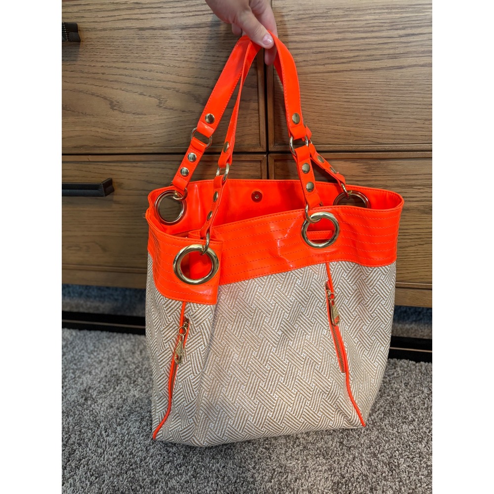 Steve Madden Neon Orange Woven Chevron Tote Bag Gold Grommet Shoulder Bag Large